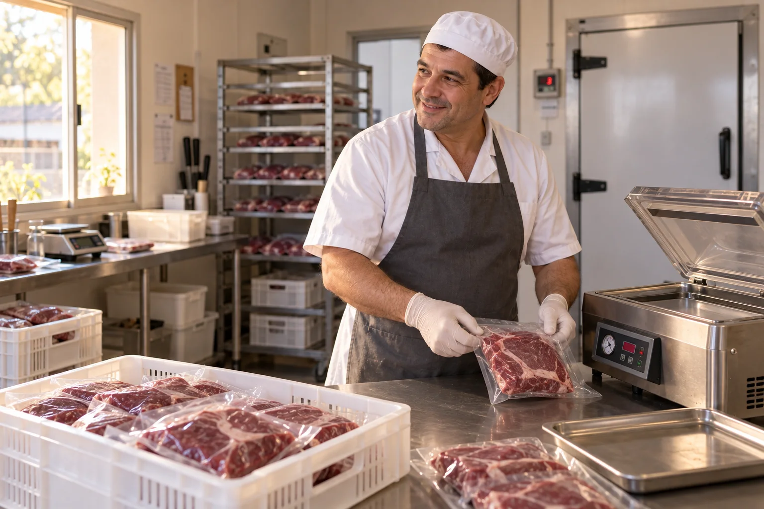 Escena ilustrativa generada con IA: un elaborador sonríe mientras prepara un pedido de carne junto a una envasadora de cámara.