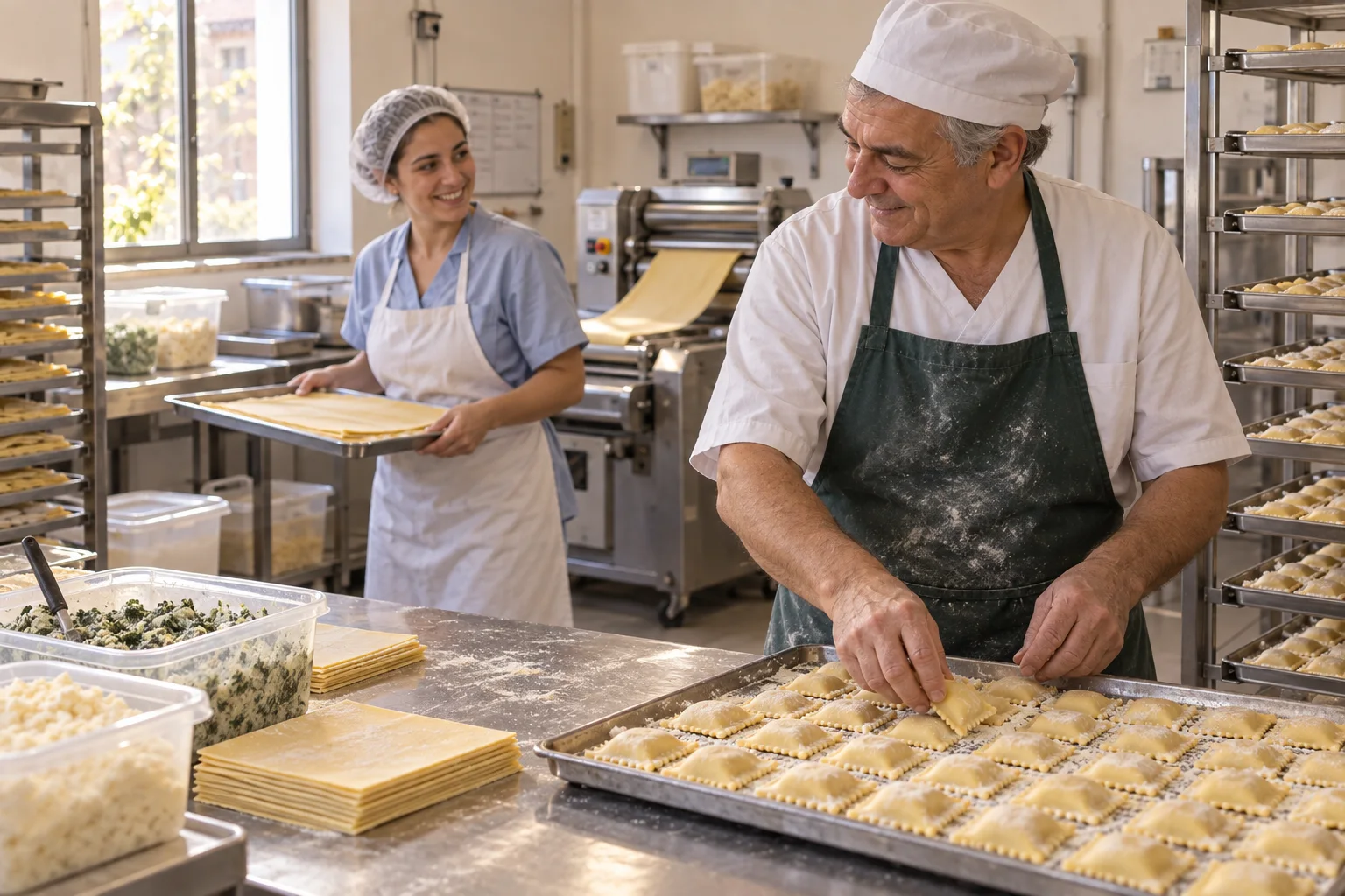 Escena ilustrativa generada con IA: dos personas intercambian una sonrisa mientras preparan ravioles y láminas de pasta en estaciones separadas.